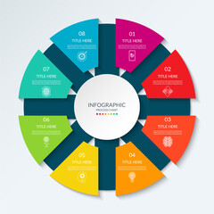 Infographic circle with 8 options, parts. 8-step cycle diagram for business infographics. Process chart, vector template for presentation, report, brochure, web, data visualization.