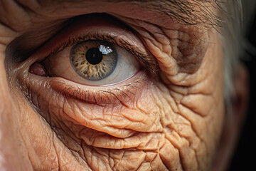 close up of a senior man eye with skin wrinkles. Raising awareness about aging issues concept