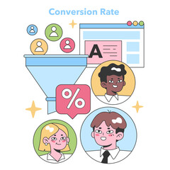 Diverse team evaluates conversion rate, funneling website visitors into leads with a digital interface backdrop. Flat vector illustration
