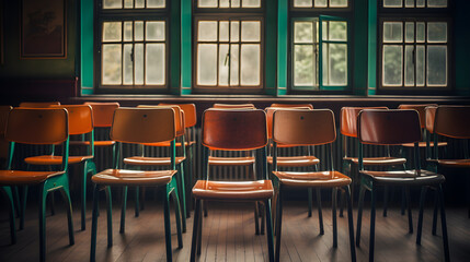 Vintage Wooden Chairs Empty Classroom_Generative AI