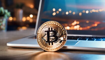 bitcoin gold coin with laptop background, generative artificial intelligence tools