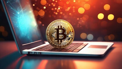 laptop with money, bitcoin gold coin with laptop background, generative artificial intelligence tools
