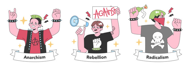 Anarchism and rebellion themed illustrations, capturing the essence of radicalism with vivid characters. Portraying spirited dissent and challenge. Flat vector illustration
