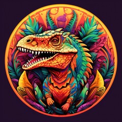 Colorful dinosaur mandala art on black background. Design print for t-shirt