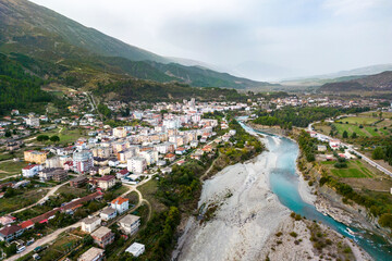 Aerial View of the City of Permet and the Vjosa River in Albania