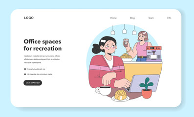 Cozy cafe workspace concept. Professional enjoys laptop time while cheerful barista serves coffee amidst modern, light interiors. Combining work with leisure moments. Flat vector illustration