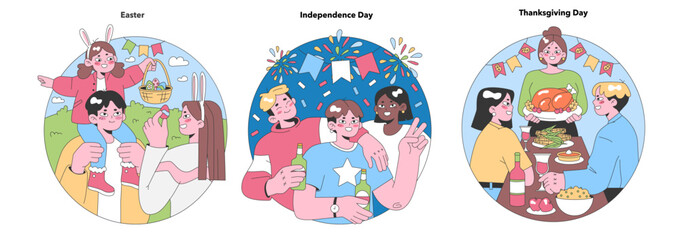 Holiday Traditions set. Easter egg hunt, Independence Day fireworks, Thanksgiving feast. Seasonal joy with family and friends. Flat vector illustration