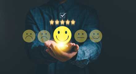 concept of customer experience The best ratings for satisfaction, customer hand showing excellent...