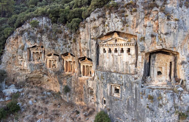 Rock-cut temple tombs in Kaunos Dalyan - Turkey (Turkish name; kaya mezarlari) Ancient city of...