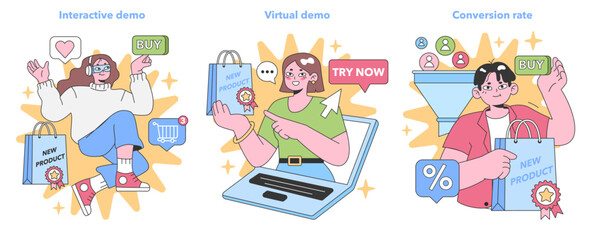 Digital Marketing set. Showcasing interactive and virtual demos leading to increased conversion rates for new products. Flat vector illustration