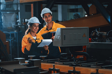 Professional quality control inspector conduct safety inspection on steel machinery and...