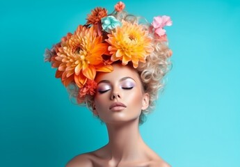 Woman with bright makeup and flowers