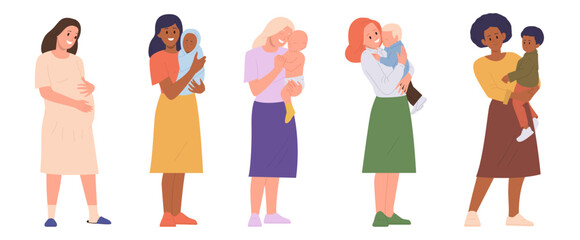 Mother cartoon characters set with happy pregnant woman, mom carrying child of different age