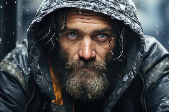 Homeless man on city streets in winter