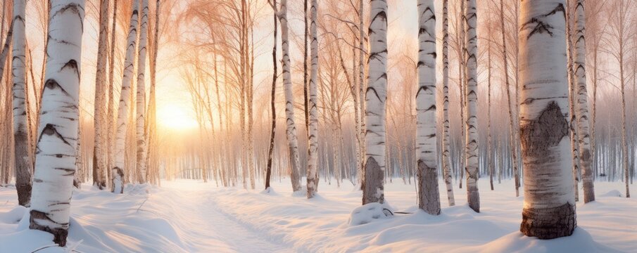 Golden hour in a snowy birch forest, winter landscape
