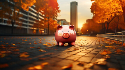 Pink piggy Bank in autumn leaves on the ground at city sunset, banking concept in fall time. - obrazy, fototapety, plakaty