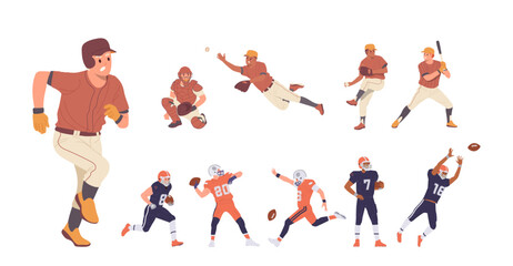 Fototapeta na wymiar Professional sportsman cartoon characters in uniform playing baseball, american football set