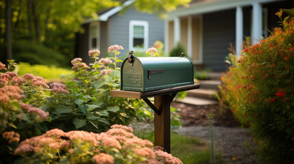 Green mail box in front of a house with garden. - obrazy, fototapety, plakaty
