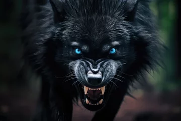 Schilderijen op glas Fierce Growling Black Wolf With Angry Blue Eyes © Anastasiia