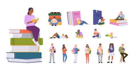 Young people cartoon characters reading books, studying, preparing for education examination set