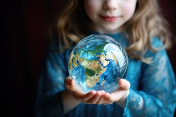 Girl Holds Crystal Earth, Fights Pollution Earth Day Concept