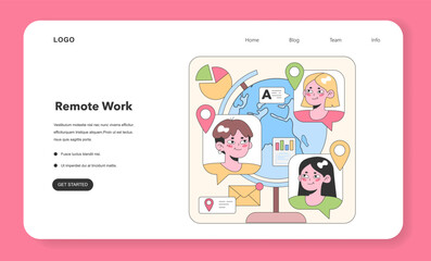 Global teamwork concept. Diverse team communicates over digital globe, sharing insights and data. Interactive collaboration from different locations. Flat vector illustration.