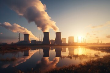 Golden Hour At Nuclear Power Plant Aigenerated. Сoncept Sunset Over The Ocean, Urban Cityscape, Mountain Landscapes, Candid Street Photography, Abstract Nature Photography - obrazy, fototapety, plakaty