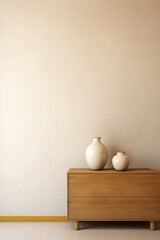 Interior wall mock up with two flower vases, wooden cabinet and beige wall.