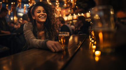 Hispanic latin woman sitting at the bar with a beer glass. - obrazy, fototapety, plakaty