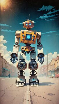 Huge futuristic robot with blue eyes walks along a city street. Android in an urban environment. Fantasy scene. Technology and science fiction. Motion. Zoom out. Vertical format
