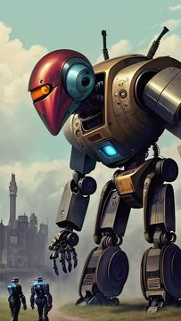 Huge futuristic robot transformer in red helmet against backdrop of city factory and smoke, towers over two small robots. Fantasy scene. Technology and science fiction. Zoom out. Vertical format