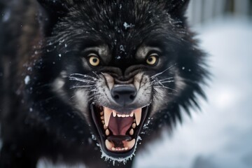 Fototapeta premium Intense Closeup Of Snarling Black Wolf At The North Pole. Сoncept Close-Up Wildlife, Arctic Wildlife, Black Wolves, North Pole Wildlife, Intense Expressions