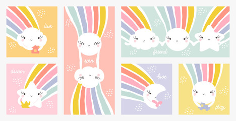 Rainbow with smiling star sun moon and cloud. Kids designs set of cute characters. Creative vector illustrations collection for funny childrens greeting card or poster