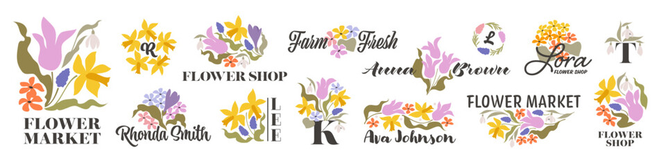 Vector logo design template of spring flowers like tulip, daffodil, primrose and snowdrops. Collection of elegant premade emblems for flower market or florist shop - obrazy, fototapety, plakaty