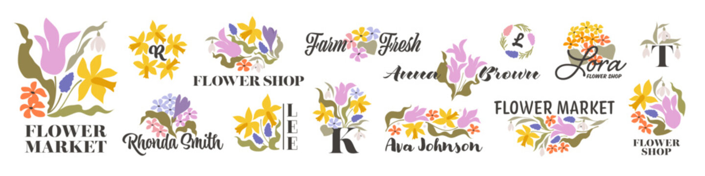 Vector logo design template of spring flowers like tulip, daffodil, primrose and snowdrops. Collection of elegant premade emblems for flower market or florist shop