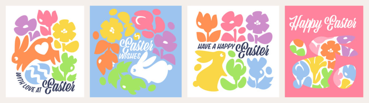 Easter design with cute bunny and colorful flowers. Simple vector illustrations set of sweet rabbit and floral wreath and easter eggs. Playful concept for seasonal poster or greeting card
