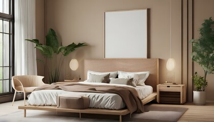 Bedroom with natural wood furniture and a beige color scheme.