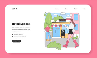 Shopping Day Delight. A cheerful woman walks by a welcoming store, greeted by a friendly salesman, discounts awaiting inside. City shopping, sunny atmosphere. Flat vector illustration