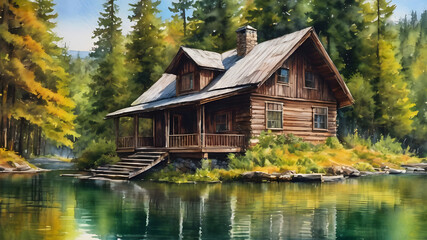 Fototapeta na wymiar Watercolor illustration of a cabin by the lake. AI generated Watercolor illustration of a cabin by the lake. AI generated ​