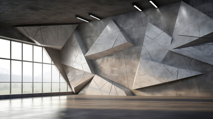 Concrete interior with abstract polygonal shapes with lines and angles in a unique and modern vision. Concrete texture in interior combining solidity with creative expression. - obrazy, fototapety, plakaty