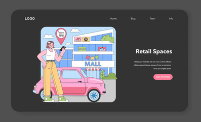Digital Shopping at the Mall. A modern woman uses her smartphone outside a colorful mall, with sales and offers showcased. Nearby car, locator icon, and cheerful ambiance. Flat vector illustration