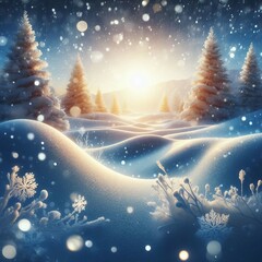 Obraz na płótnie Canvas Winter snow background with snowdrifts, with beautiful light and snow flakes on the blue sky in the evening, banner format, copy space