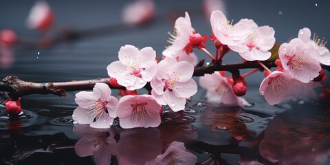 pink  cherry blossom branch drop on water puddle with water ripple, Generative Ai