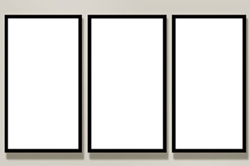 empty white three poster frames hanging on clean wall studio room, idea for picture mockup background, Generative Ai - obrazy, fototapety, plakaty