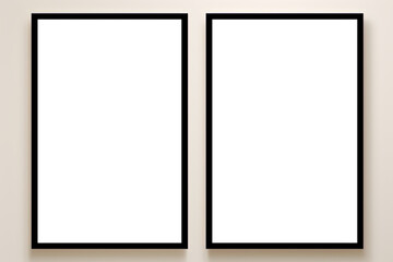 empty white three poster frames hanging on clean wall studio room, idea for picture mockup...