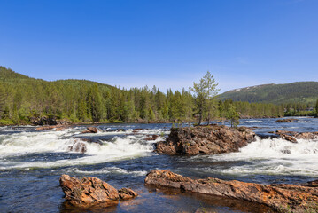 Fototapeta na wymiar A serene summer day on Norway's Namsen River in Namsskogan, Trondelag, showcasing cascading waters, large boulders hosting solitary trees, against a backdrop of dense forests under a blue sky
