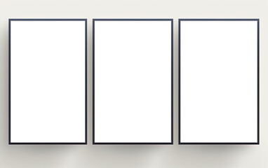 empty white three poster frames hanging on clean wall studio room, idea for picture mockup background, Generative Ai - obrazy, fototapety, plakaty
