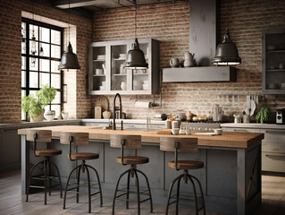 A modern industrial-style kitchen with brick walls and metal accents.