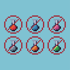 Pixel art sets of warning potion icon with variation color item asset. dangerous potion icon on pixelated style. 8bits perfect for game asset or design asset element for your game design asset