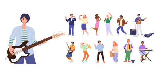 Musicians set with happy man and woman guitarist, saxophonist, singer vocalist, synthesizer player